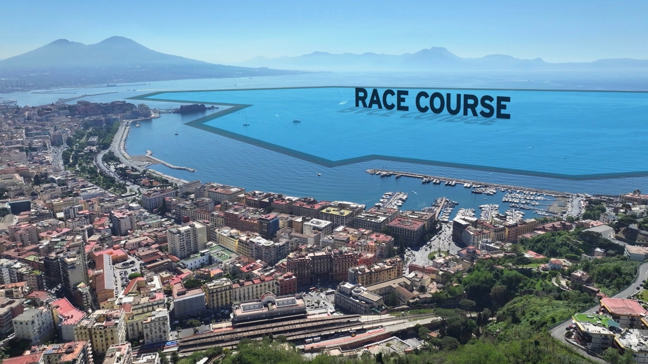 Bay of Naples racecourse with Vesuvius backdrop and islands of Capri and Ischia on the horizon